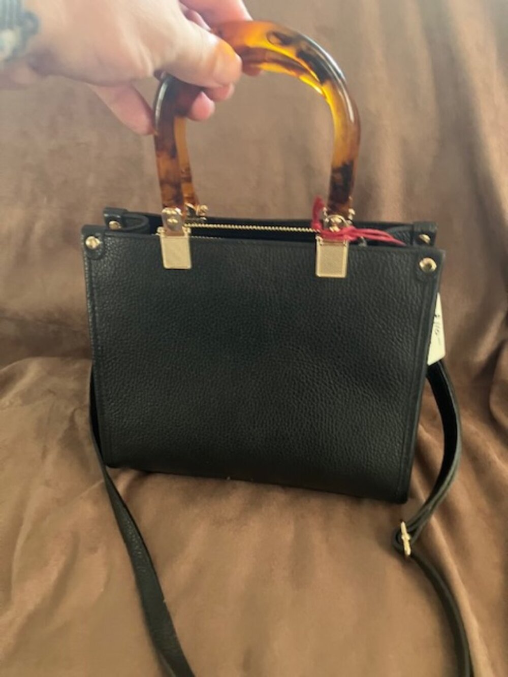 NWT Juice Made in Italy Black Pebbled Leather Satchel Tote, Tortoise Handles